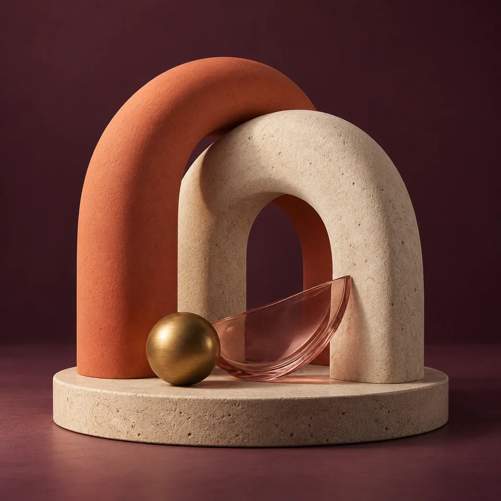 Interlocking coral and ivory sculptural arches on a deep plum background