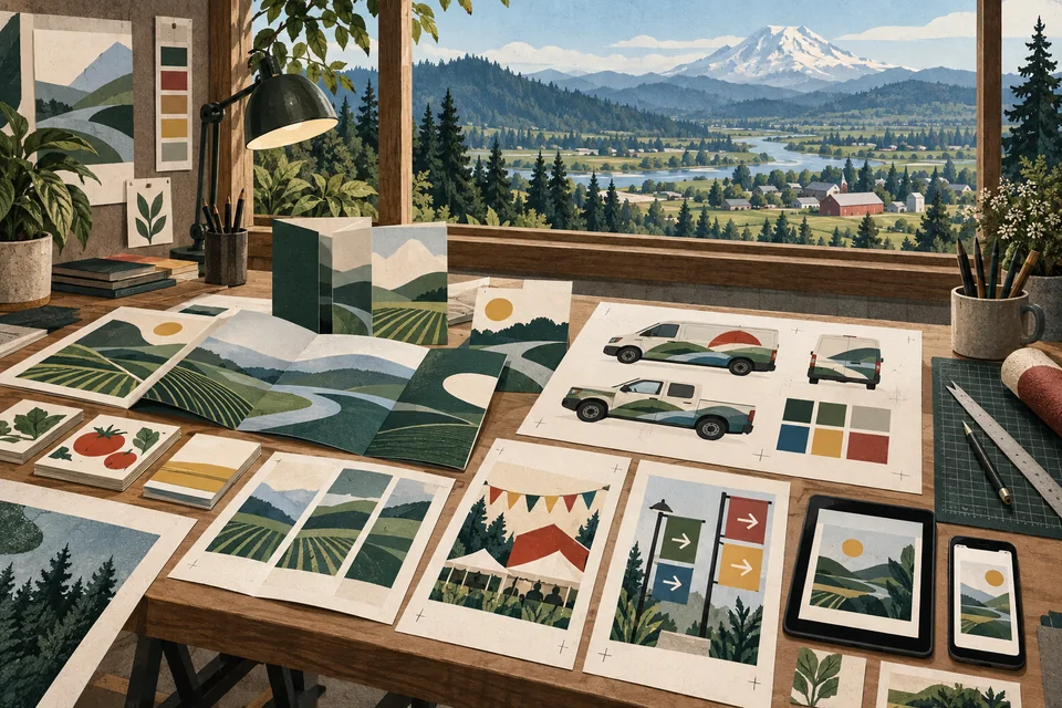 Conceptual graphic design materials overlooking a Alderton-inspired rural Pierce County valley, neighborhood and regional business corridor