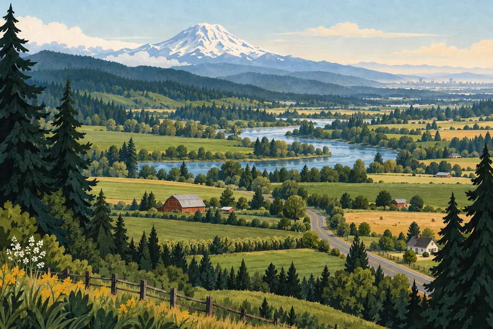 Conceptual Alderton rural Pierce County valley and regional business corridor, forested bluff, neighborhoods and Olympic Mountain horizon