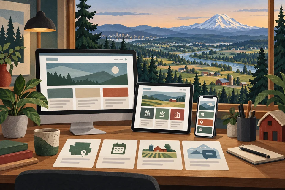 Conceptual responsive web design desk overlooking a Alderton-inspired rural Pierce County valley, neighborhood and regional business corridor