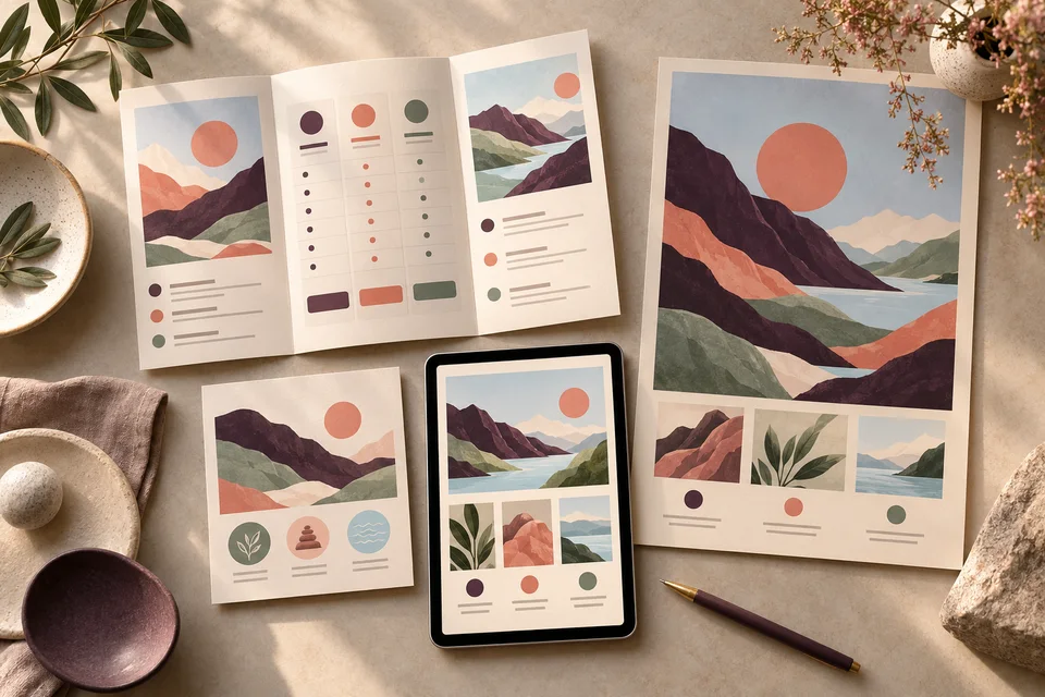 Conceptual coordinated brochures, cards, poster, and tablet with plum and coral layouts