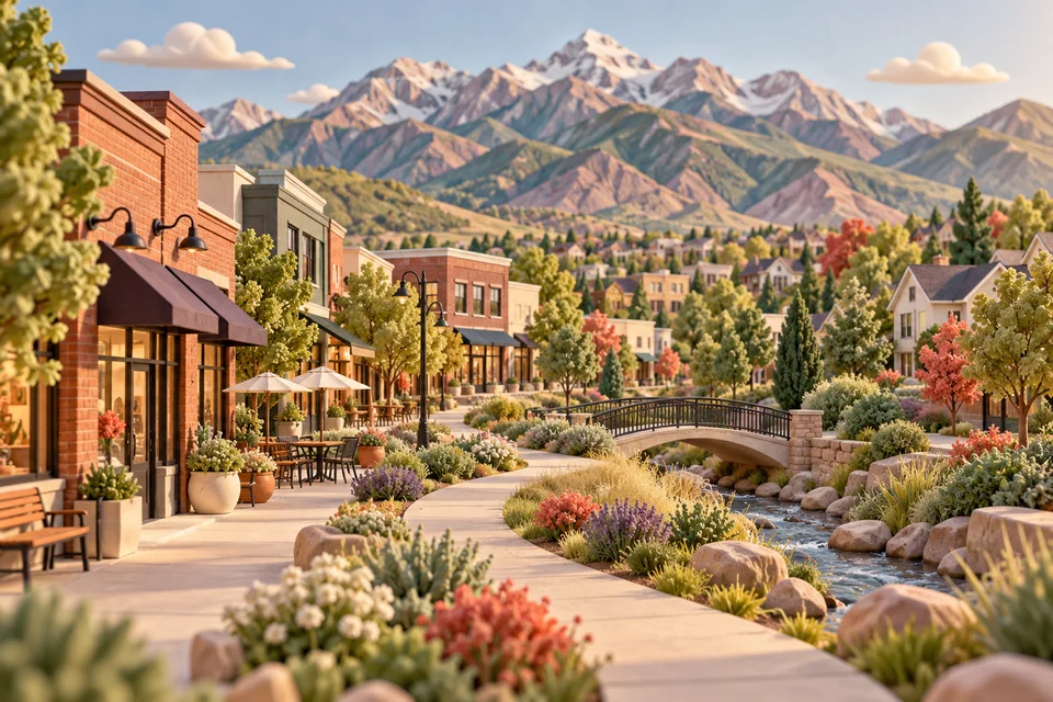 Conceptual miniature of neighborhood shops and trees beneath layered mountain forms