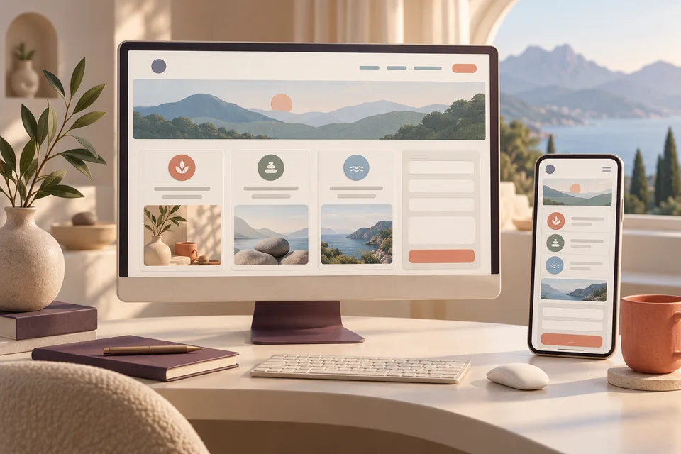 Conceptual desktop and phone showing abstract service cards and an inquiry layout