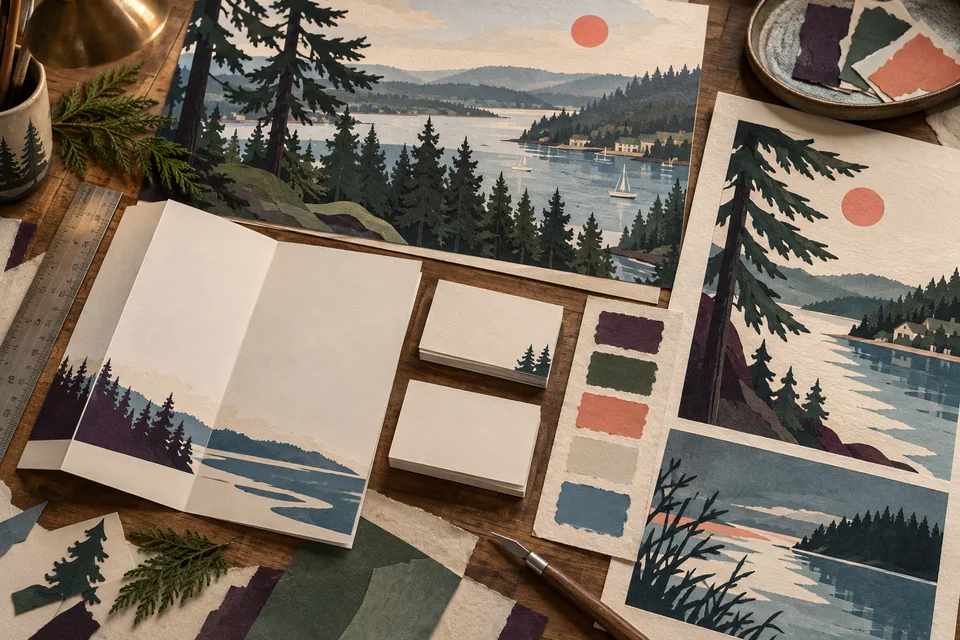 Concept illustration of printed layouts and color samples on a design table