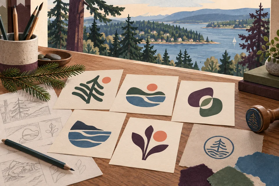 Concept illustration of abstract identity sketches and one-color mark studies