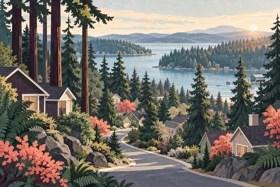 Concept illustration of wooded peninsula homes and a sheltered inlet
