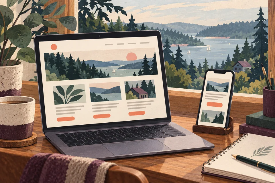 Concept illustration of responsive website layouts on a desk overlooking wooded hills