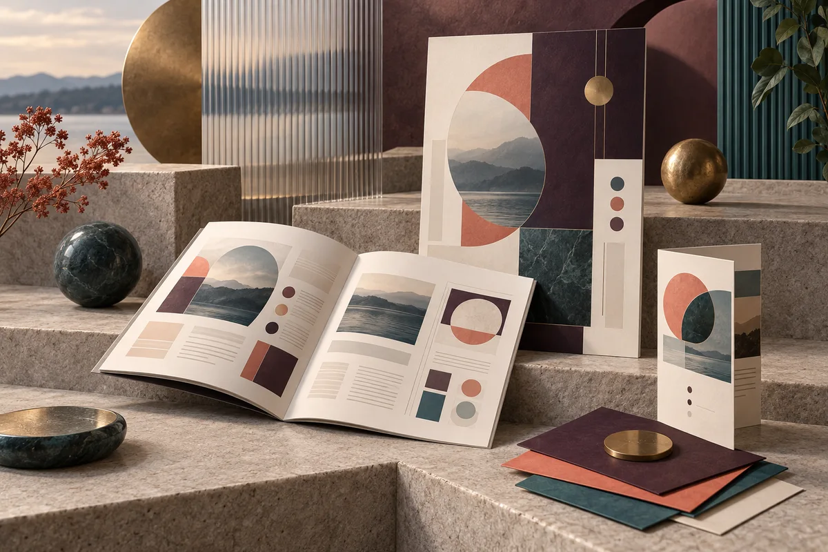 Conceptual proposal booklet, presentation board, folded sales sheet, and color swatches on architectural steps
