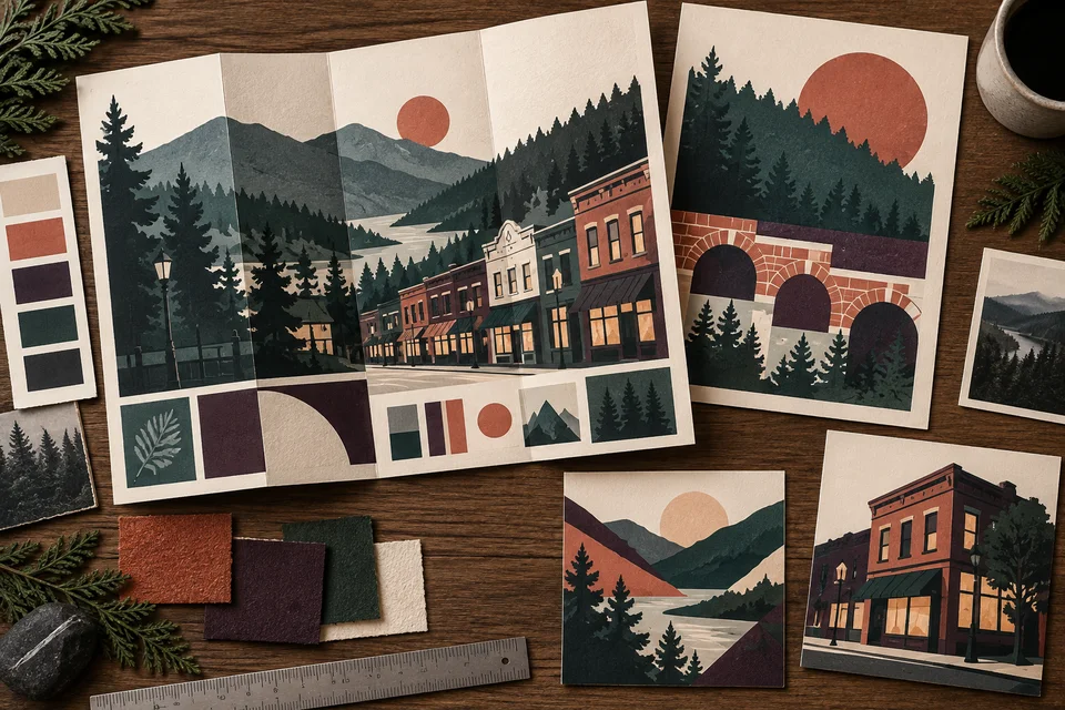 Concept illustration of printed layouts and color samples on a design table