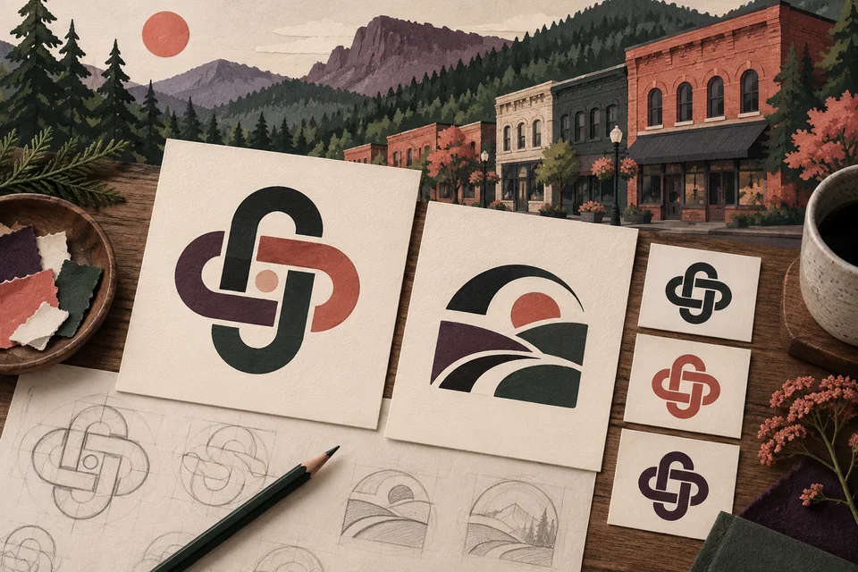Concept illustration of abstract identity sketches and one-color mark studies