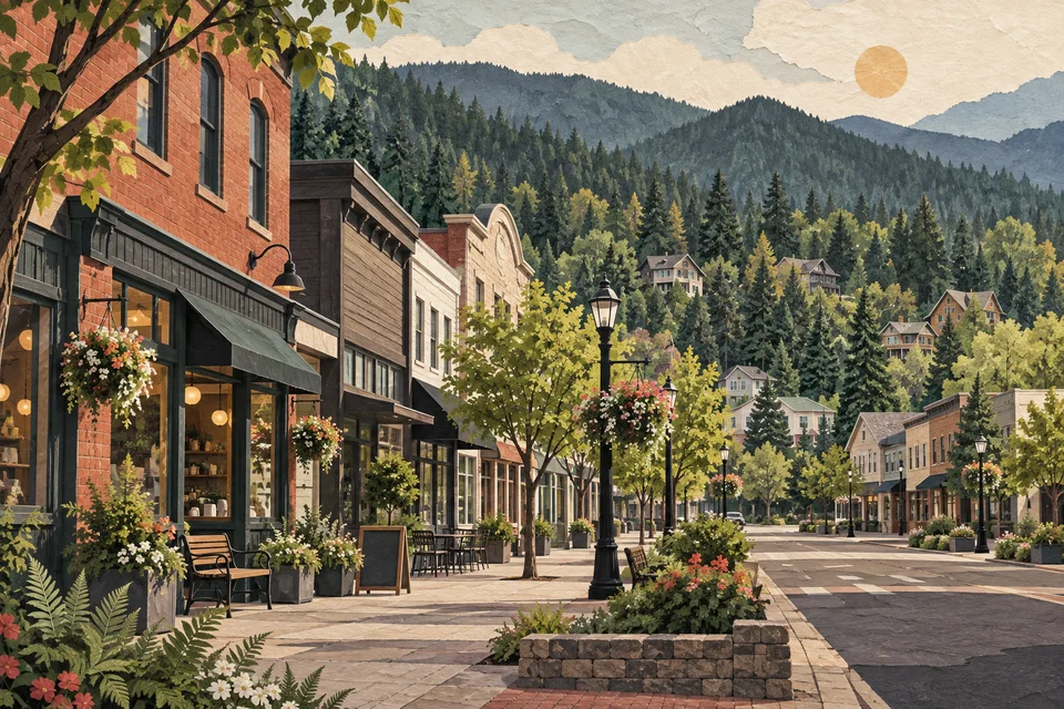 Concept illustration of modest brick and timber storefronts with wooded hills