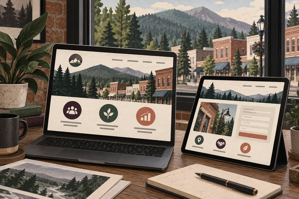 Concept illustration of responsive website layouts on a desk overlooking wooded hills