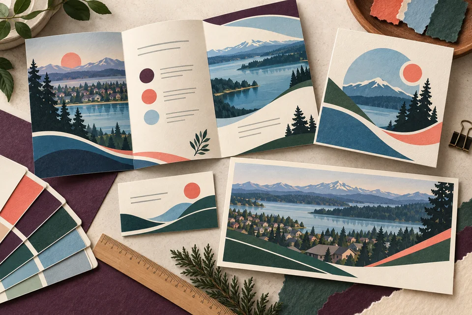 Concept illustration of printed layouts and color samples on a design table