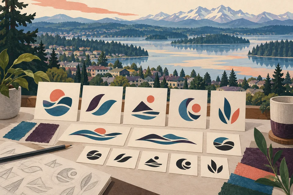 Concept illustration of abstract identity sketches and one-color mark studies