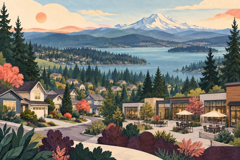 Concept illustration of a neighborhood, business courtyard, evergreen trees, and distant lake
