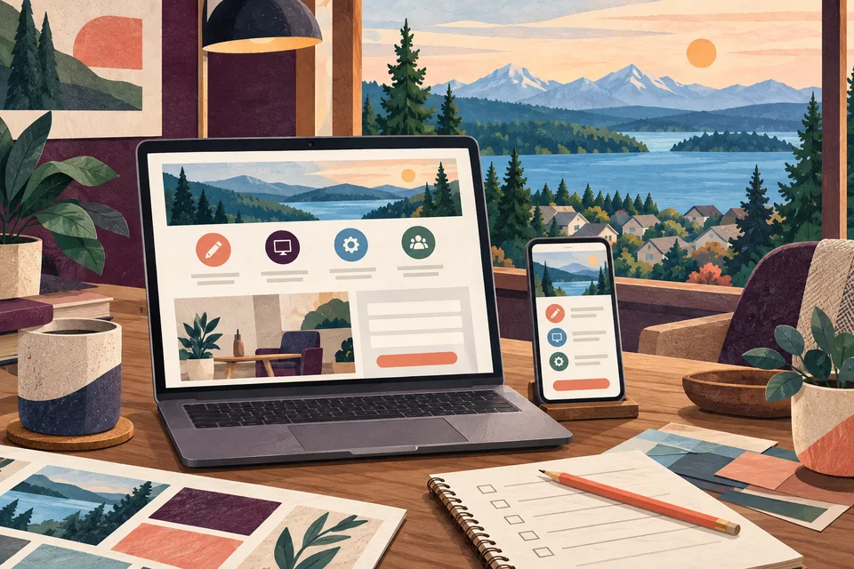 Concept illustration of responsive website layouts on a desk overlooking wooded hills