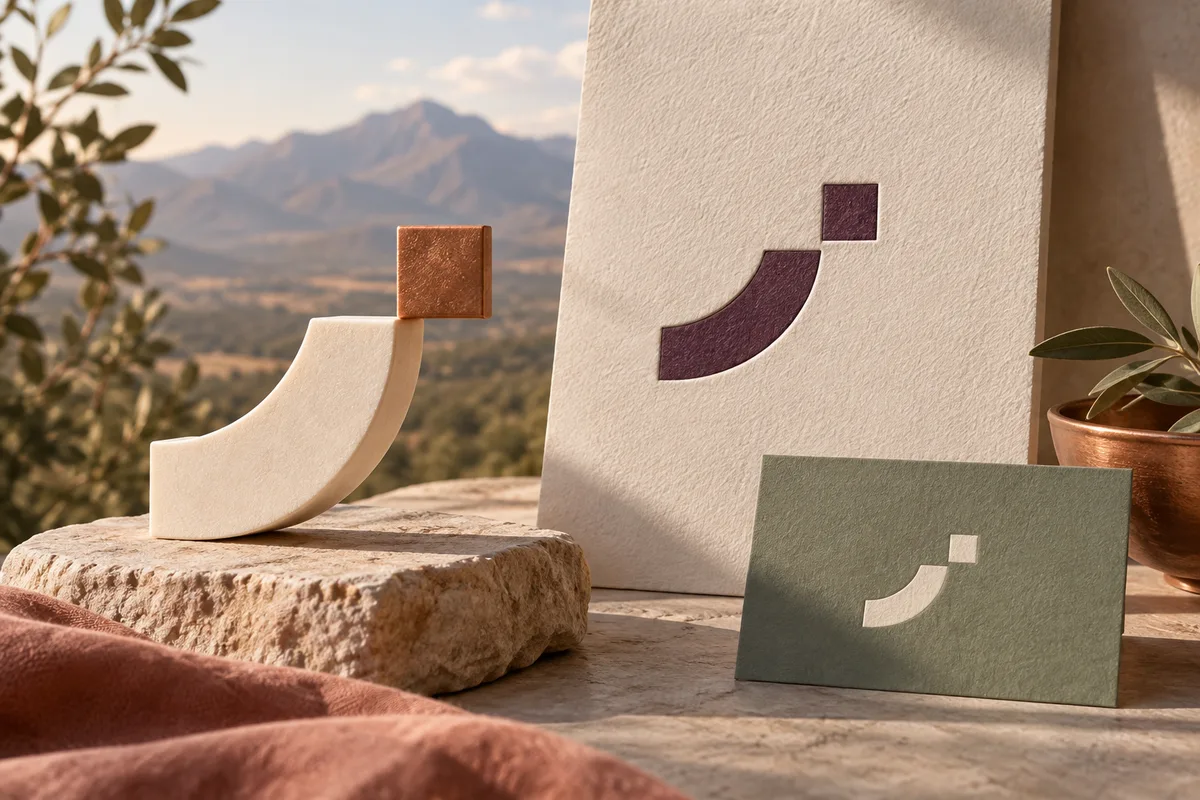 Conceptual rising curved emblem with an offset square shown as a sculpture, plum print, and sage identity card