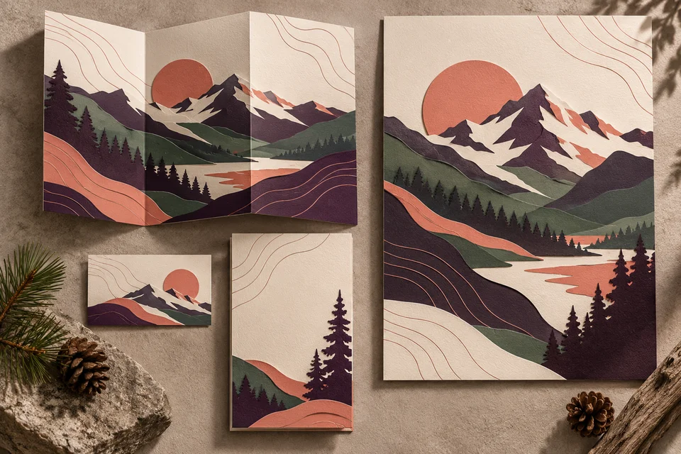 Concept illustration of coordinated brochures, cards, and a poster with alpine artwork