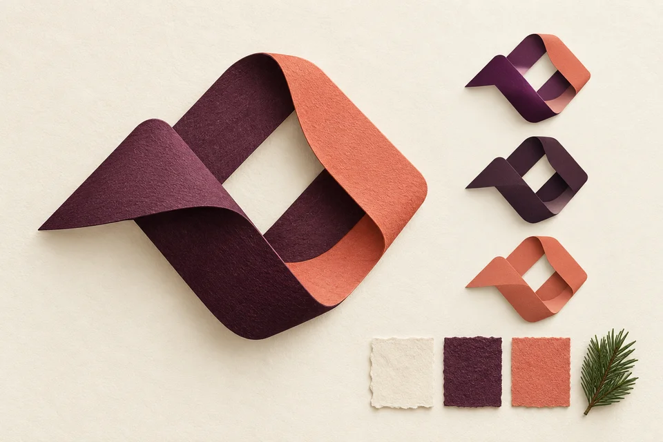 Concept illustration of a folded ribbon identity symbol in plum, coral, and single-color variations