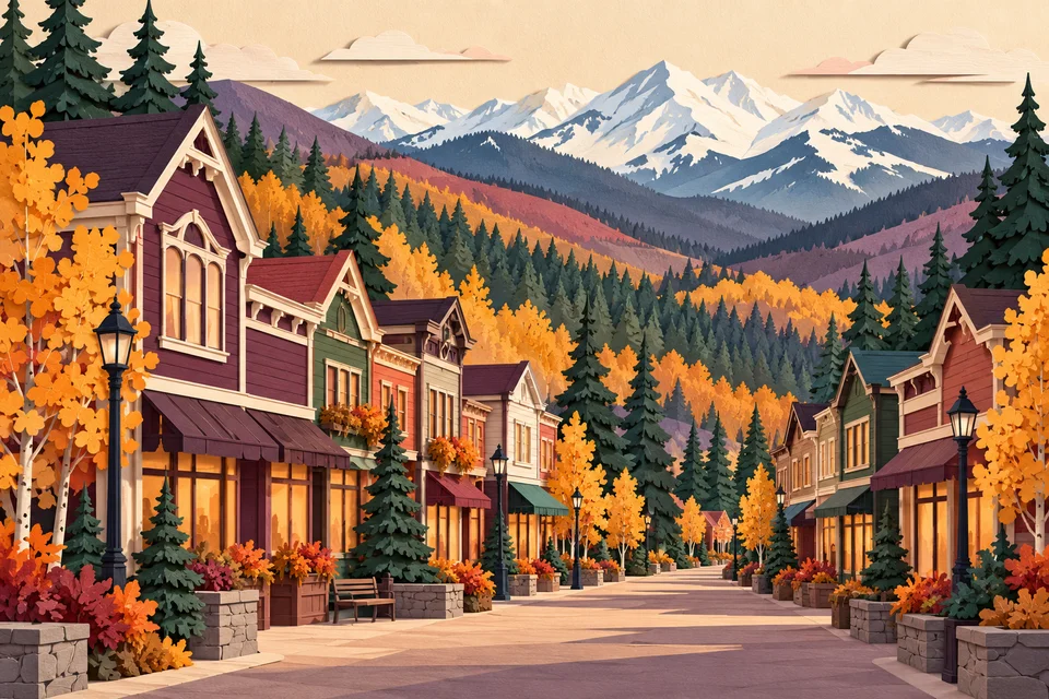 Concept illustration of an imagined alpine shopping street with timber storefronts, autumn trees, and snowy mountains
