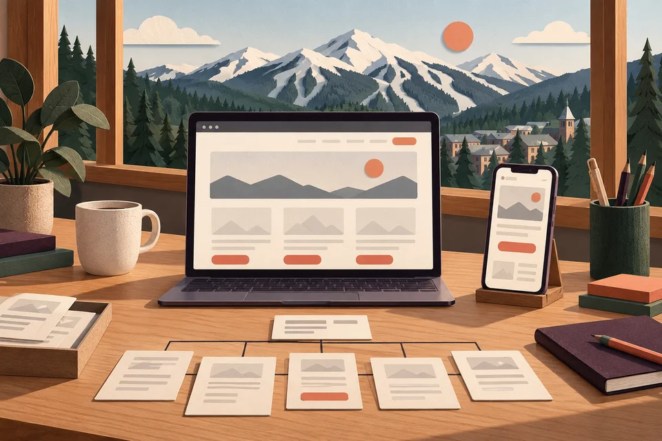 Concept illustration of a laptop, phone, and website planning cards on a desk overlooking mountains