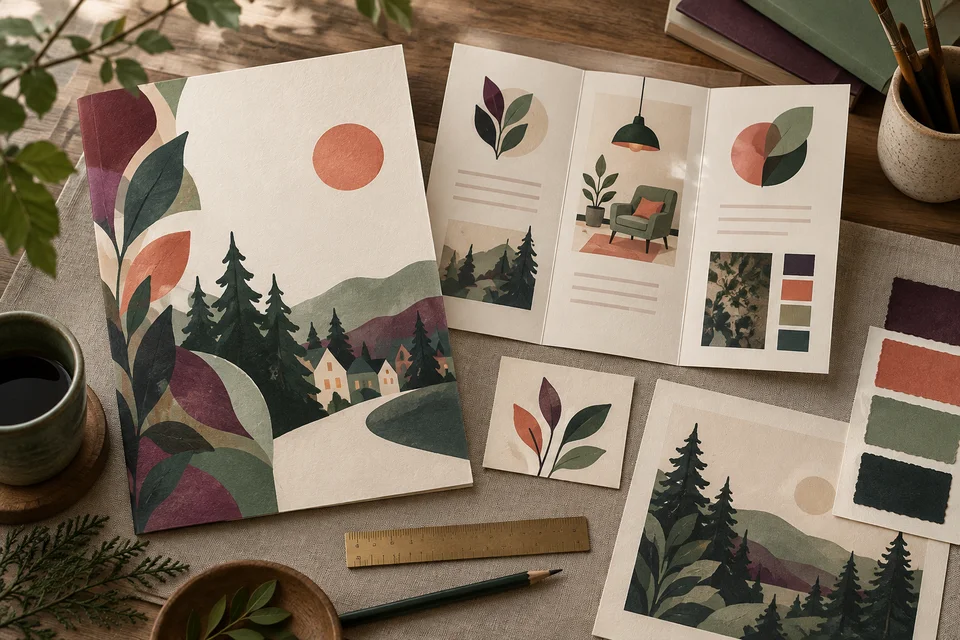 Concept illustration of printed layouts and color samples on a design table