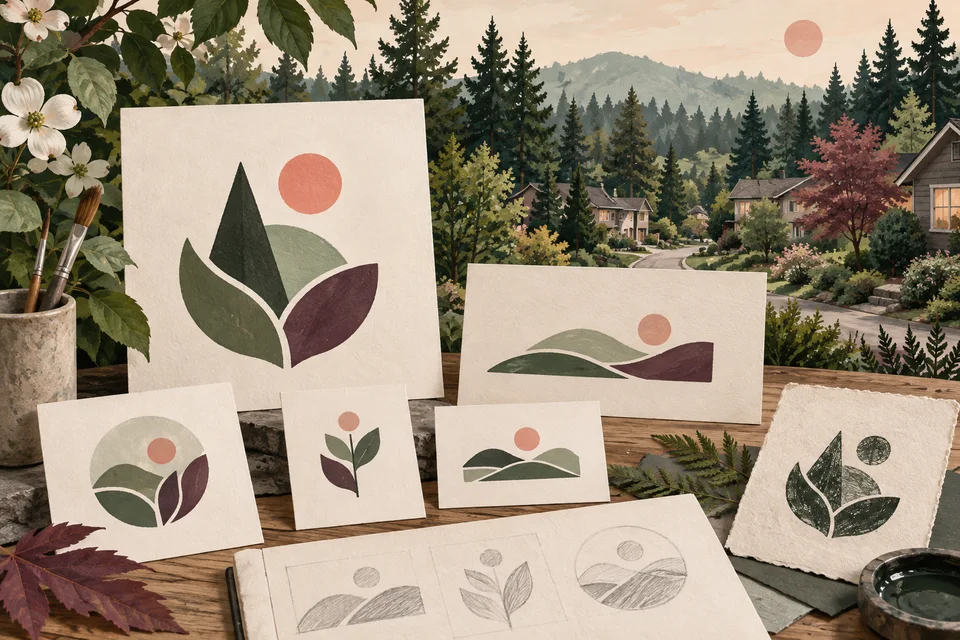 Concept illustration of abstract identity sketches and one-color mark studies