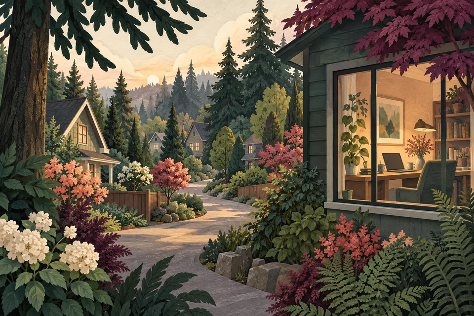 Concept illustration of homes, gardens, and a quiet lane among tall evergreens