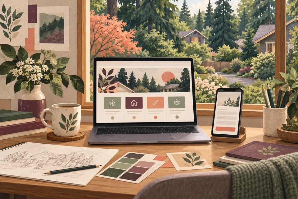 Concept illustration of website layouts in a home office overlooking a leafy garden