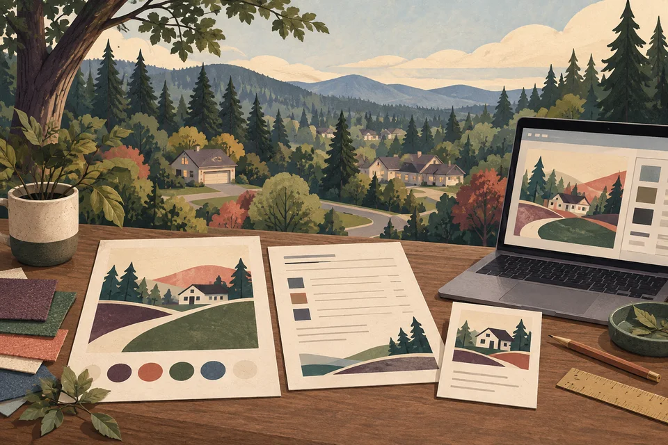 Concept illustration of printed layouts and color samples on a design table