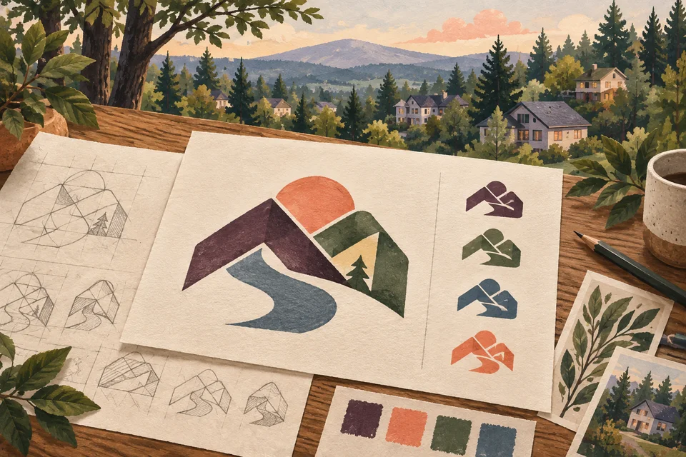 Concept illustration of abstract identity sketches and one-color mark studies