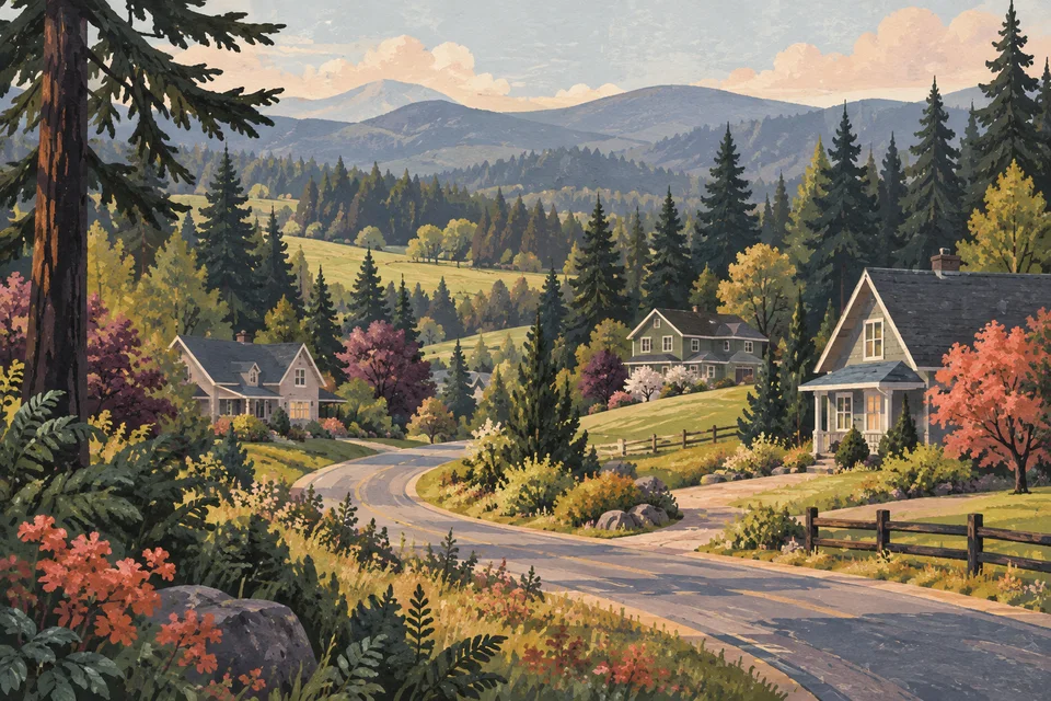 Concept illustration of a local road, homes, meadows, and rolling wooded land