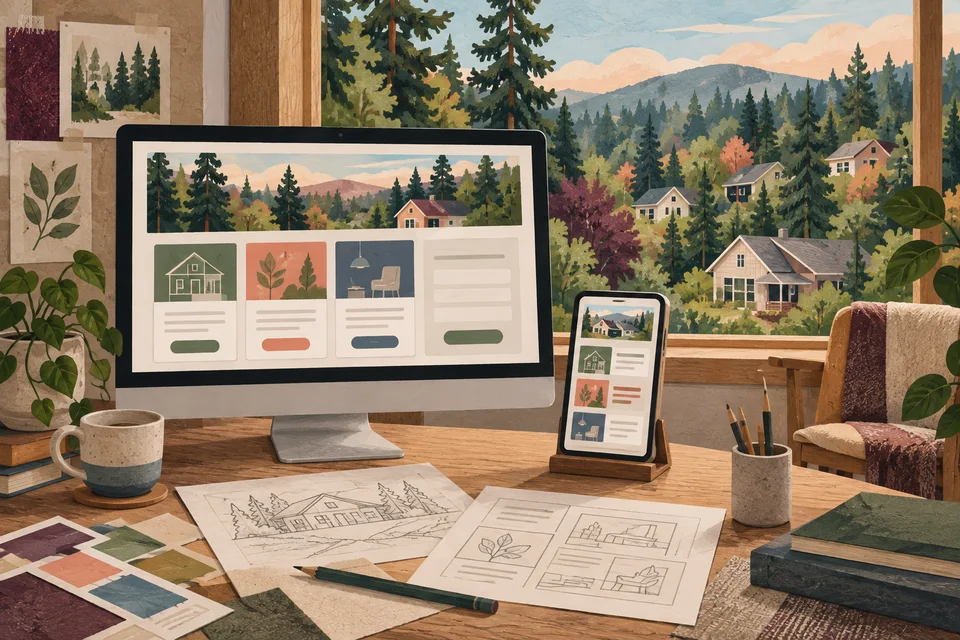 Concept illustration of service website layouts and inquiry planning at a desk