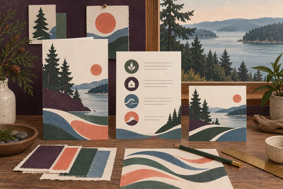 Concept illustration of printed layouts and color samples on a design table