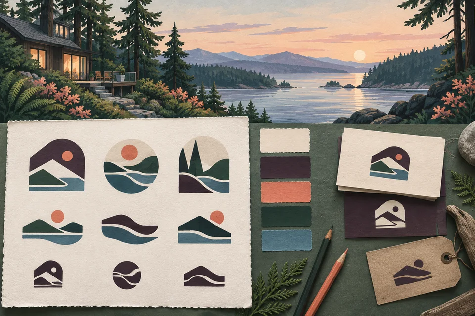 Concept illustration of abstract identity sketches and one-color mark studies