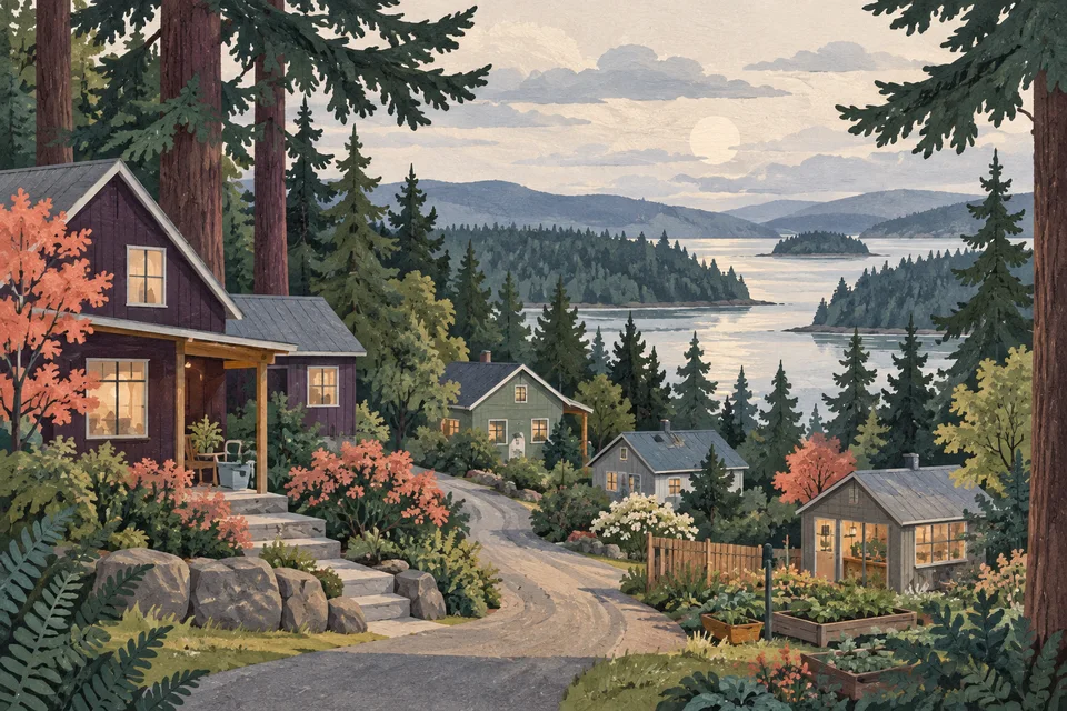Concept illustration of wooded homes and a quiet distant tidal inlet