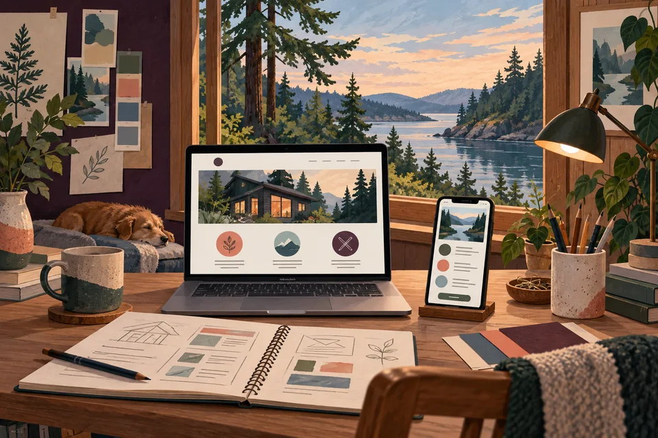 Concept illustration of website planning on a desk beside a wooded inlet view