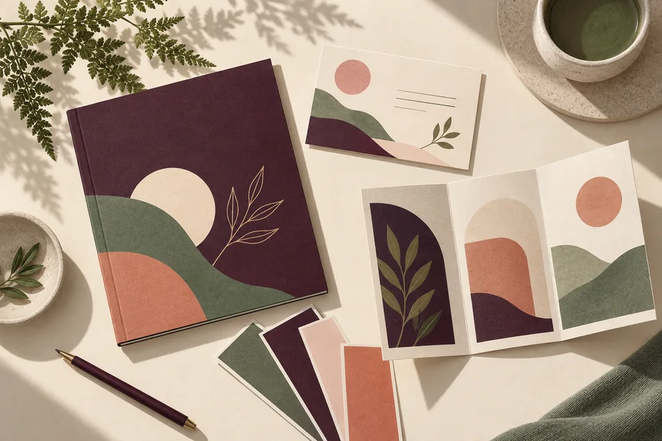 Concept illustration of a welcome booklet, reminder card, and color swatches on a worktable