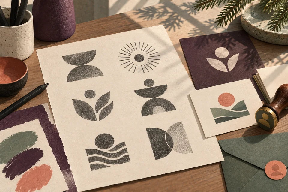 Concept illustration of abstract identity sketches and one-color mark studies