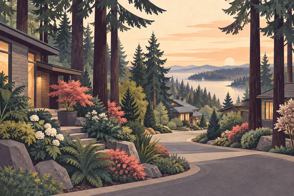 Concept illustration of fir trees, gardens, and homes along a residential lane