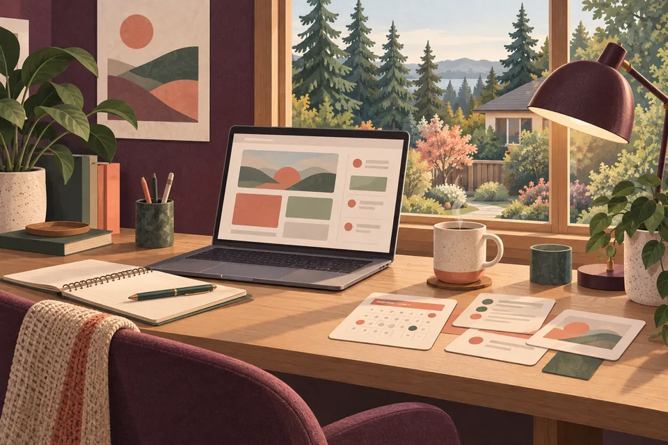 Concept illustration of a laptop and planning cards beside a wooded garden window