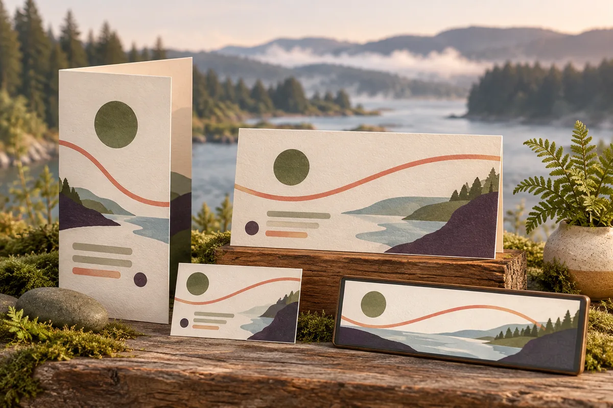 Conceptual leaflet, service card, counter sign, and digital banner with coordinated river graphics and coral curves