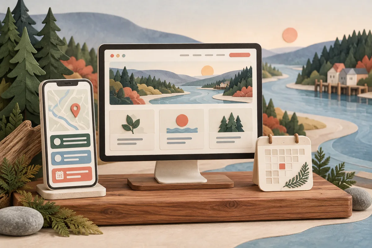 Conceptual desktop and mobile business website layouts with a calendar tile on cedar beside a paper river scene