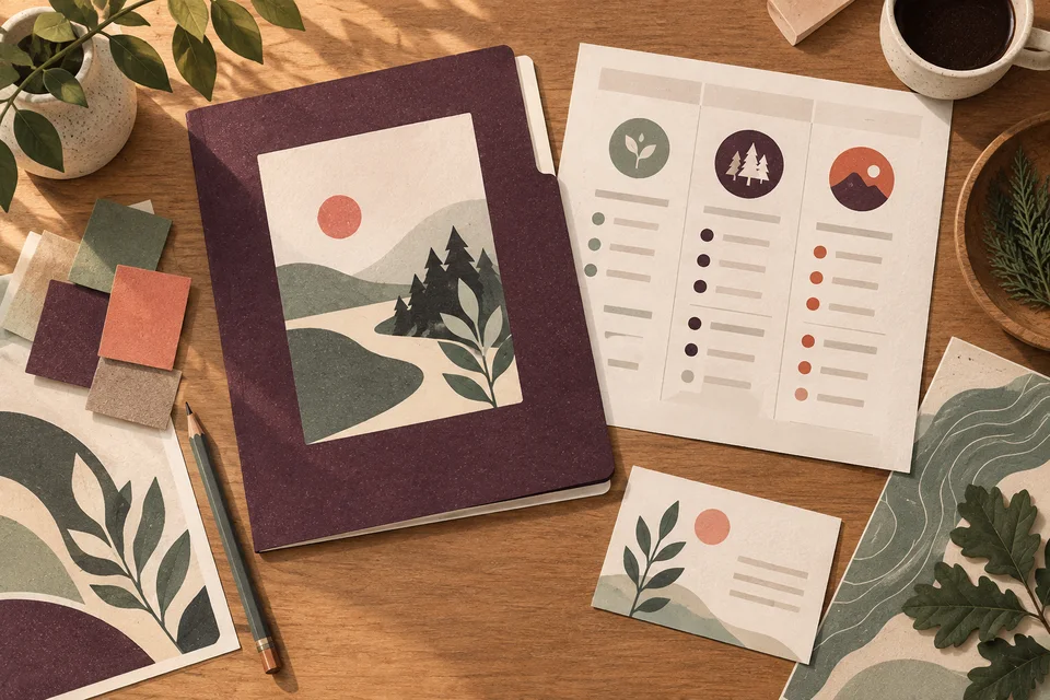 Concept illustration of an estimate folder, comparison sheet, follow-up card, and color samples