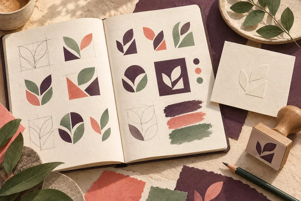 Concept illustration of abstract identity sketches and one-color mark studies