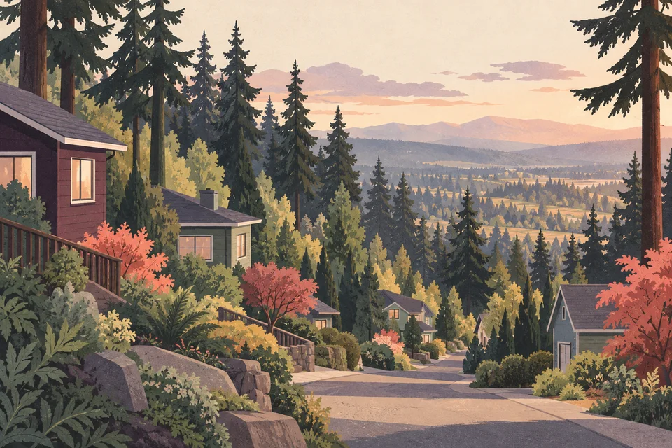 Concept illustration of a wooded hillside neighborhood and road overlooking a distant valley