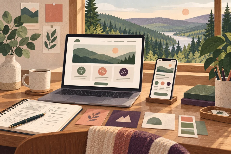 Concept illustration of a laptop and phone displaying service-page layouts beside a wooded-hill window