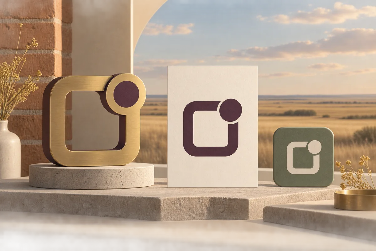Conceptual rounded square emblem with an offset circle shown as a brass sculpture, plum print, and sage tile