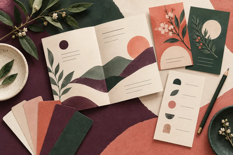 Concept illustration of a product guide, seasonal offer cards, service menu, and color samples
