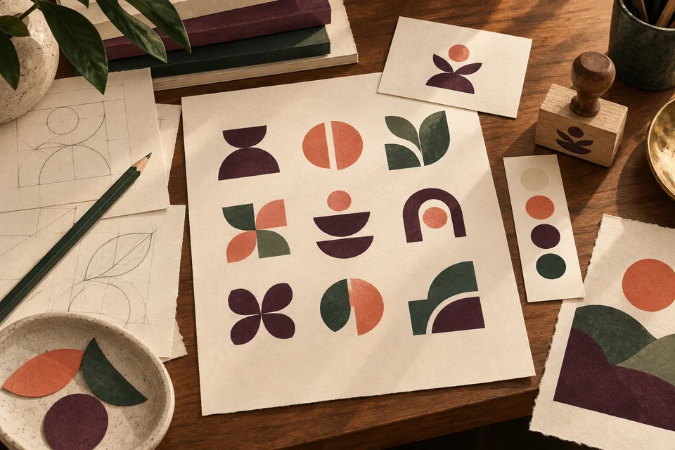 Concept illustration of abstract identity sketches and one-color mark studies